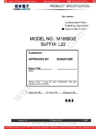 . Various Panel CHIMEI INNOLUX M185BGE-L22 1 [DS]  . Various LCD Panels Panel_CHIMEI_INNOLUX_M185BGE-L22_1_[DS].pdf