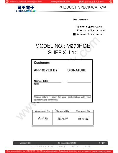 . Various Panel CHIMEI INNOLUX M270HGE-L10 0 [DS]  . Various LCD Panels Panel_CHIMEI_INNOLUX_M270HGE-L10_0_[DS].pdf