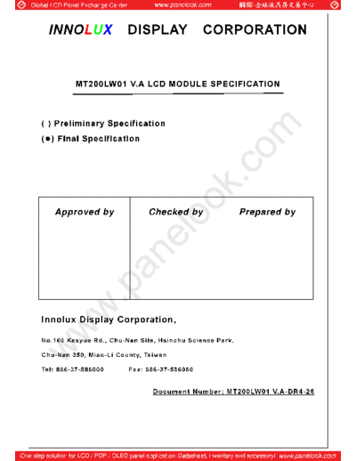 . Various Panel CHIMEI INNOLUX MT200LW01 V-A 0 [DS]  . Various LCD Panels Panel_CHIMEI_INNOLUX_MT200LW01_V-A_0_[DS].pdf