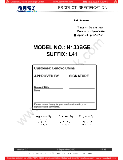 . Various Panel CHIMEI INNOLUX N133BGE-L41 3 [DS]  . Various LCD Panels Panel_CHIMEI_INNOLUX_N133BGE-L41_3_[DS].pdf