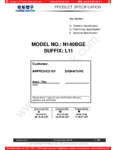 . Various Panel CHIMEI INNOLUX N140BGE-L11 2 [DS]  . Various LCD Panels Panel_CHIMEI_INNOLUX_N140BGE-L11_2_[DS].pdf