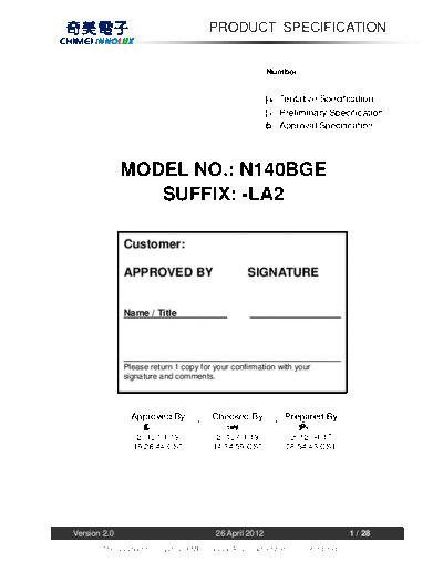 . Various Panel CHIMEI INNOLUX N140BGE-LA2 0 [DS]  . Various LCD Panels Panel_CHIMEI_INNOLUX_N140BGE-LA2_0_[DS].pdf