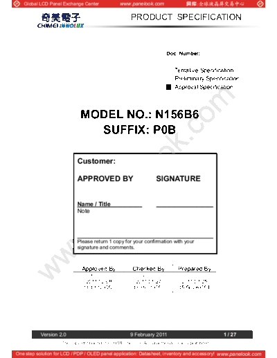 . Various Panel CHIMEI INNOLUX N156B6-P0B 0 [DS]  . Various LCD Panels Panel_CHIMEI_INNOLUX_N156B6-P0B_0_[DS].pdf