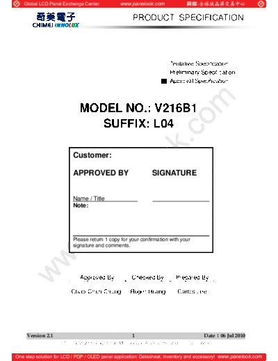. Various Panel CHIMEI INNOLUX V216B1-L04 1 [DS]  . Various LCD Panels Panel_CHIMEI_INNOLUX_V216B1-L04_1_[DS].pdf
