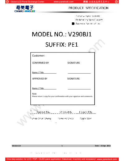 . Various Panel CHIMEI INNOLUX V290BJ1-PE1 1 [DS]  . Various LCD Panels Panel_CHIMEI_INNOLUX_V290BJ1-PE1_1_[DS].pdf