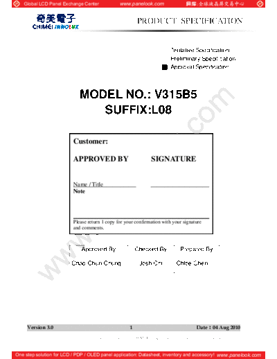 . Various Panel CHIMEI INNOLUX V315B5-L08 0 [DS]  . Various LCD Panels Panel_CHIMEI_INNOLUX_V315B5-L08_0_[DS].pdf