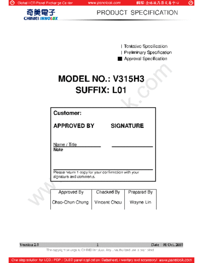 . Various Panel CHIMEI INNOLUX V315H3-L01 1 [DS]  . Various LCD Panels Panel_CHIMEI_INNOLUX_V315H3-L01_1_[DS].pdf