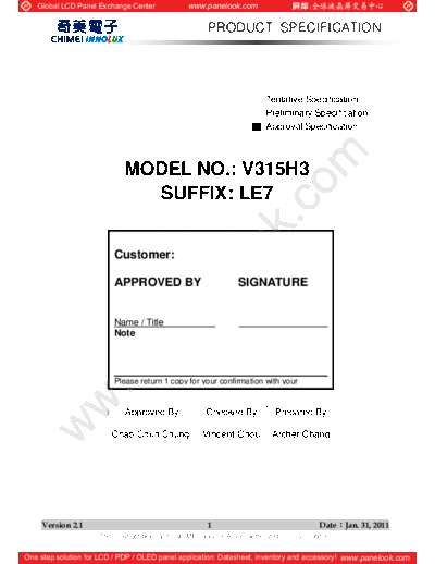 . Various Panel CHIMEI INNOLUX V315H3-LE7 1 [DS]  . Various LCD Panels Panel_CHIMEI_INNOLUX_V315H3-LE7_1_[DS].pdf