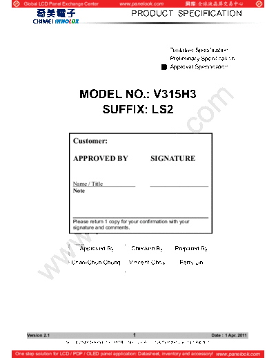 . Various Panel CHIMEI INNOLUX V315H3-LS2 2 [DS]  . Various LCD Panels Panel_CHIMEI_INNOLUX_V315H3-LS2_2_[DS].pdf