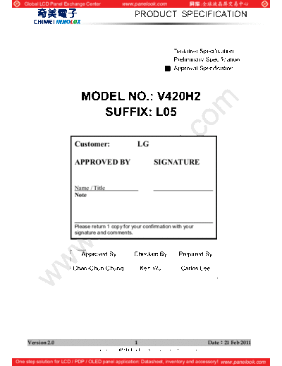 . Various Panel CHIMEI INNOLUX V420H2-L05 3 [DS]  . Various LCD Panels Panel_CHIMEI_INNOLUX_V420H2-L05_3_[DS].pdf