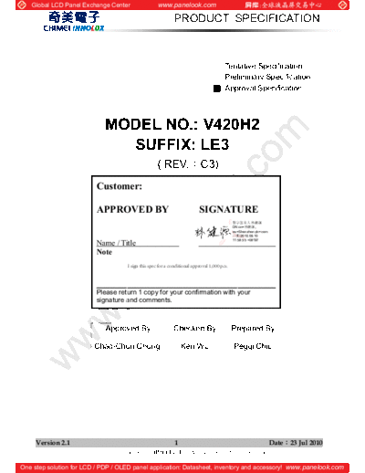 . Various Panel CHIMEI INNOLUX V420H2-LE3 Rev-C3 0 [DS]  . Various LCD Panels Panel_CHIMEI_INNOLUX_V420H2-LE3_Rev-C3_0_[DS].pdf