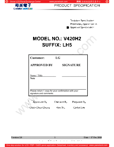 . Various Panel CHIMEI INNOLUX V420H2-LH5 1 [DS]  . Various LCD Panels Panel_CHIMEI_INNOLUX_V420H2-LH5_1_[DS].pdf