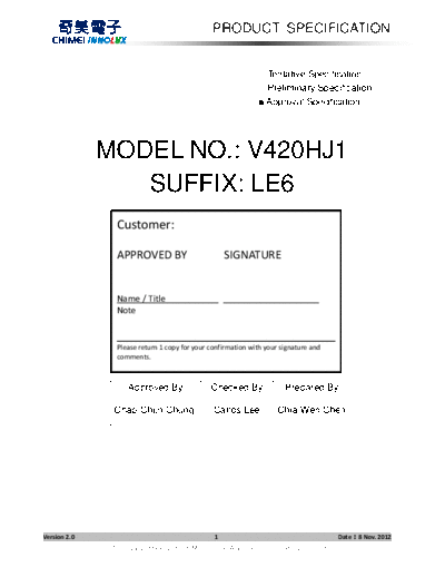 . Various Panel CHIMEI INNOLUX V420HJ1-LE6 0 [DS]  . Various LCD Panels Panel_CHIMEI_INNOLUX_V420HJ1-LE6_0_[DS].pdf