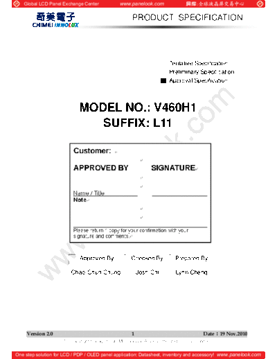 . Various Panel CHIMEI INNOLUX V460H1-L11 0 [DS]  . Various LCD Panels Panel_CHIMEI_INNOLUX_V460H1-L11_0_[DS].pdf