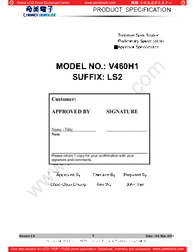 . Various Panel CHIMEI INNOLUX V460H1-LS2 2 [DS]  . Various LCD Panels Panel_CHIMEI_INNOLUX_V460H1-LS2_2_[DS].pdf