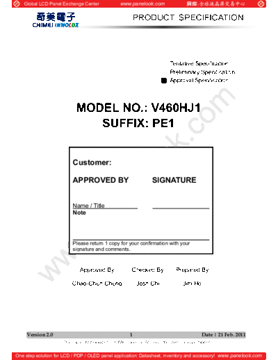 . Various Panel CHIMEI INNOLUX V460HJ1-PE1 0 [DS]  . Various LCD Panels Panel_CHIMEI_INNOLUX_V460HJ1-PE1_0_[DS].pdf