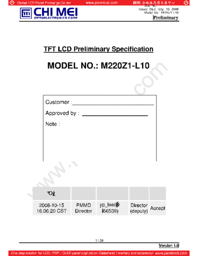 . Various Panel CMO M220Z1-L10 0 [DS]  . Various LCD Panels Panel_CMO_M220Z1-L10_0_[DS].pdf