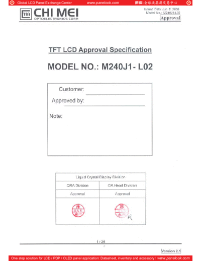 . Various Panel CMO M240J1-L02 2 [DS]  . Various LCD Panels Panel_CMO_M240J1-L02_2_[DS].pdf