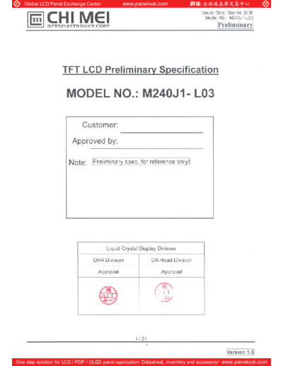 . Various Panel CMO M240J1-L03 0 [DS]  . Various LCD Panels Panel_CMO_M240J1-L03_0_[DS].pdf