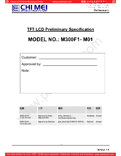 . Various Panel CMO M300F1-M01 0 [DS]  . Various LCD Panels Panel_CMO_M300F1-M01_0_[DS].pdf