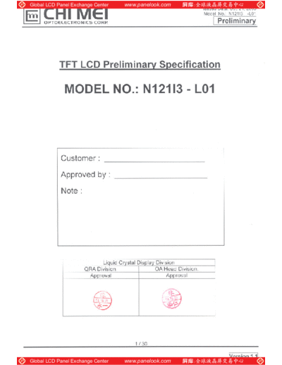 . Various Panel CMO N121I3-L01 0 [DS]  . Various LCD Panels Panel_CMO_N121I3-L01_0_[DS].pdf