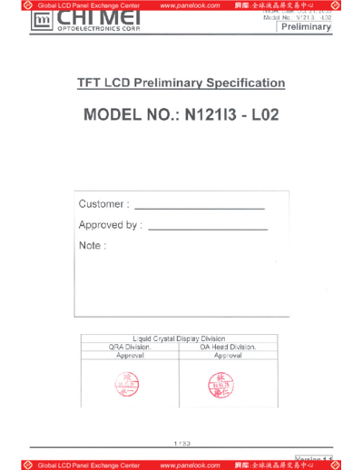 . Various Panel CMO N121I3-L02 0 [DS]  . Various LCD Panels Panel_CMO_N121I3-L02_0_[DS].pdf