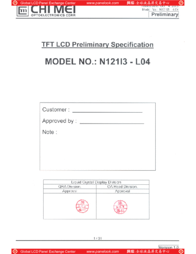 . Various Panel CMO N121I3-L04 0 [DS]  . Various LCD Panels Panel_CMO_N121I3-L04_0_[DS].pdf