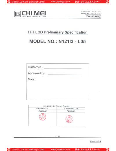 . Various Panel CMO N121I3-L05 0 [DS]  . Various LCD Panels Panel_CMO_N121I3-L05_0_[DS].pdf