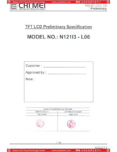 . Various Panel CMO N121I3-L06 1 [DS]  . Various LCD Panels Panel_CMO_N121I3-L06_1_[DS].pdf