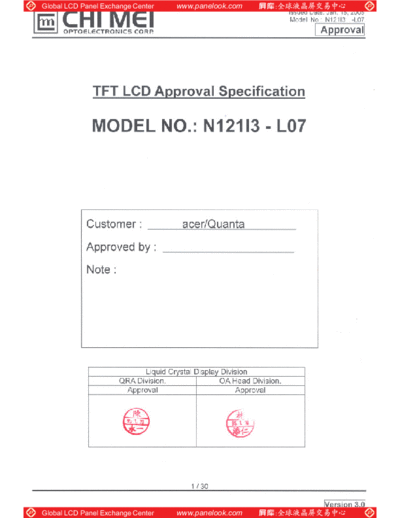. Various Panel CMO N121I3-L07 0 [DS]  . Various LCD Panels Panel_CMO_N121I3-L07_0_[DS].pdf
