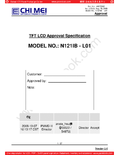 . Various Panel CMO N121IB-L01 3 [DS]  . Various LCD Panels Panel_CMO_N121IB-L01_3_[DS].pdf