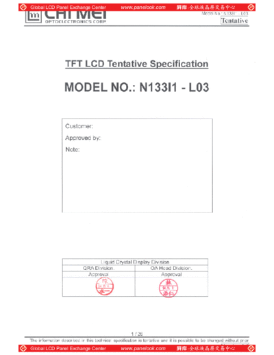 . Various Panel CMO N133I1-L03 0 [DS]  . Various LCD Panels Panel_CMO_N133I1-L03_0_[DS].pdf