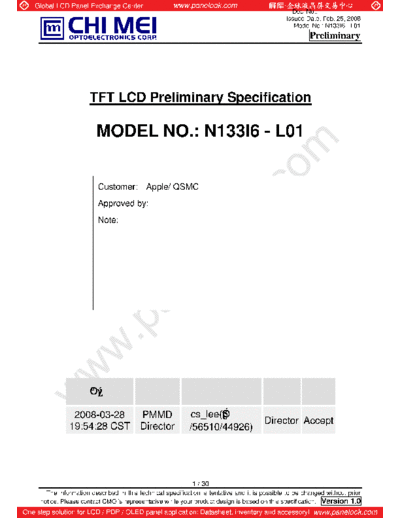 . Various Panel CMO N133I6-L01 0 [DS]  . Various LCD Panels Panel_CMO_N133I6-L01_0_[DS].pdf