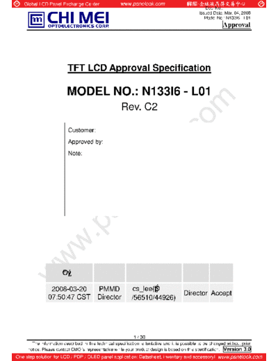 . Various Panel CMO N133I6-L01 2 [DS]  . Various LCD Panels Panel_CMO_N133I6-L01_2_[DS].pdf