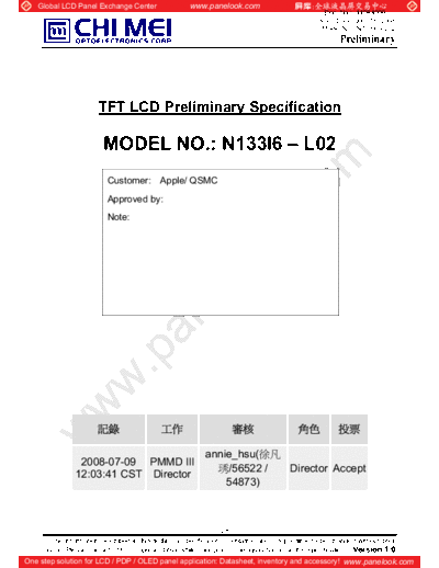 . Various Panel CMO N133I6-L02 0 [DS]  . Various LCD Panels Panel_CMO_N133I6-L02_0_[DS].pdf