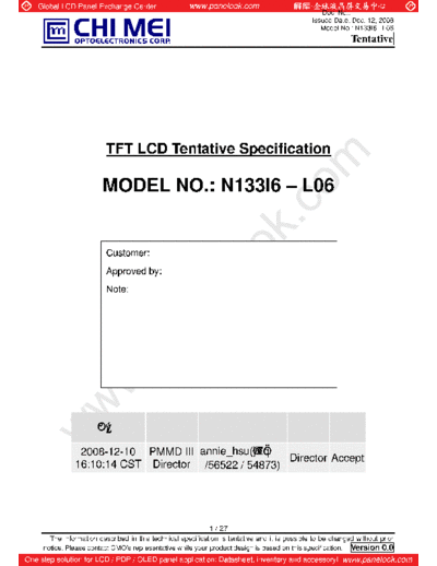 . Various Panel CMO N133I6-L06 0 [DS]  . Various LCD Panels Panel_CMO_N133I6-L06_0_[DS].pdf