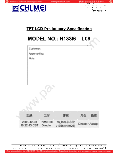 . Various Panel CMO N133I6-L08 0 [DS]  . Various LCD Panels Panel_CMO_N133I6-L08_0_[DS].pdf