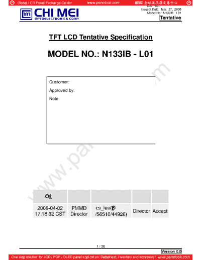 . Various Panel CMO N133IB-L01 0 [DS]  . Various LCD Panels Panel_CMO_N133IB-L01_0_[DS].pdf