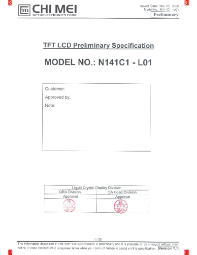 . Various Panel CMO N141C1-L01 0 [DS]  . Various LCD Panels Panel_CMO_N141C1-L01_0_[DS].pdf