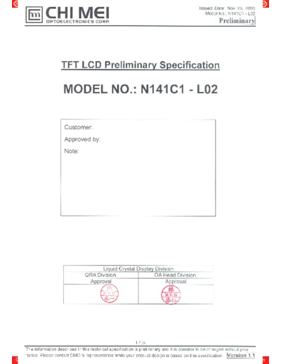 . Various Panel CMO N141C1-L02 0 [DS]  . Various LCD Panels Panel_CMO_N141C1-L02_0_[DS].pdf
