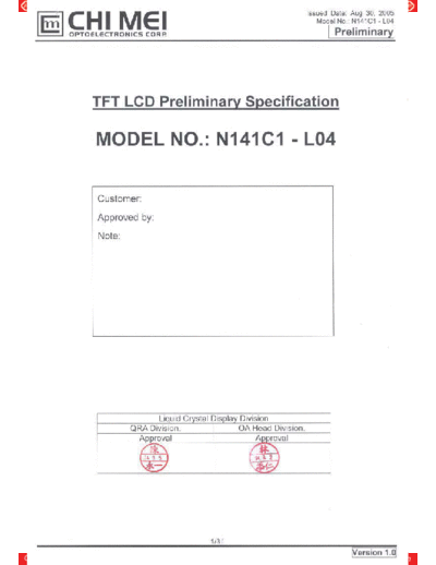 . Various Panel CMO N141C1-L04 0 [DS]  . Various LCD Panels Panel_CMO_N141C1-L04_0_[DS].pdf
