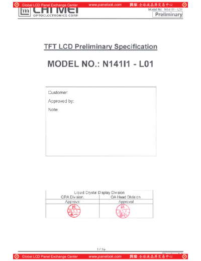 . Various Panel CMO N141I1-L01 2 [DS]  . Various LCD Panels Panel_CMO_N141I1-L01_2_[DS].pdf