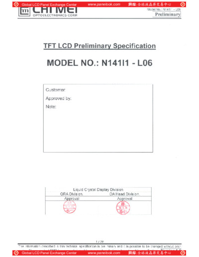 . Various Panel CMO N141I1-L06 0 [DS]  . Various LCD Panels Panel_CMO_N141I1-L06_0_[DS].pdf