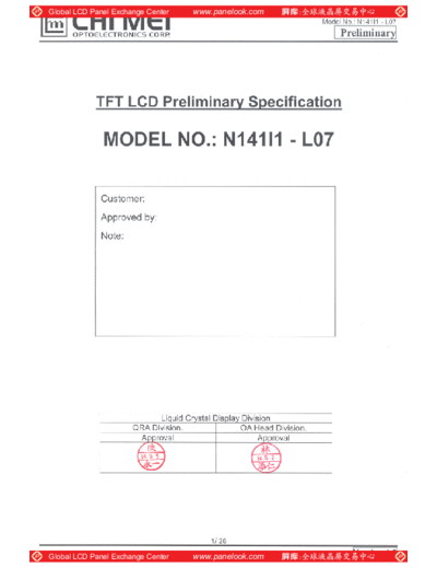 . Various Panel CMO N141I1-L07 2 [DS]  . Various LCD Panels Panel_CMO_N141I1-L07_2_[DS].pdf