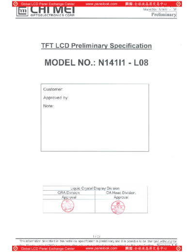 . Various Panel CMO N141I1-L08 0 [DS]  . Various LCD Panels Panel_CMO_N141I1-L08_0_[DS].pdf