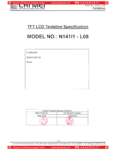 . Various Panel CMO N141I1-L08 1 [DS]  . Various LCD Panels Panel_CMO_N141I1-L08_1_[DS].pdf