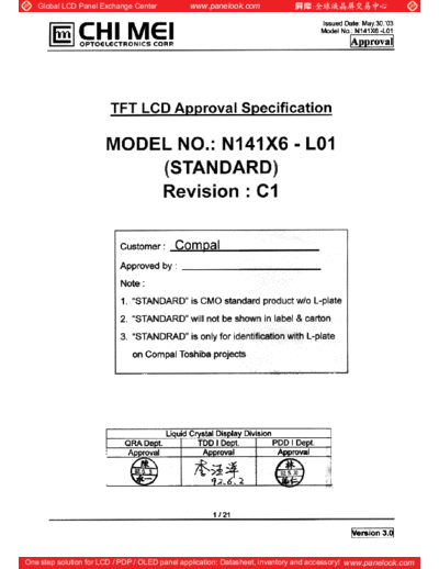 . Various Panel CMO N141X6-L01 3 [DS]  . Various LCD Panels Panel_CMO_N141X6-L01_3_[DS].pdf