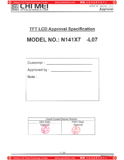 . Various Panel CMO N141X7-L07 0 [DS]  . Various LCD Panels Panel_CMO_N141X7-L07_0_[DS].pdf