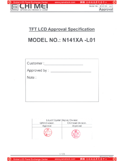 . Various Panel CMO N141XA-L01 1 [DS]  . Various LCD Panels Panel_CMO_N141XA-L01_1_[DS].pdf