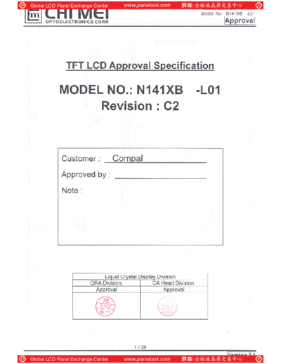 . Various Panel CMO N141XB-L01 0 [DS]  . Various LCD Panels Panel_CMO_N141XB-L01_0_[DS].pdf